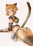  animal_ears ass bad_id bad_pixiv_id black_legwear blonde_hair blue_eyes branch_(blackrabbits) final_fantasy final_fantasy_xi gloves looking_back lying mithra on_stomach simple_background tail thighhighs 
