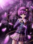  absurdres blurry dark depth_of_field dutch_angle fence glowing headband heart highres komeiji_satori light_rays petals purple purple_eyes purple_hair skirt solo sunbeam sunlight third_eye touhou zhandou_greymon 