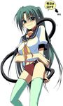  animal_ears blue_eyes buruma cat_ears fujitaka_(akasora) green_hair green_legwear gym_uniform higurashi_no_naku_koro_ni long_hair lowres ponytail school_uniform solo sonozaki_mion tail thighhighs 