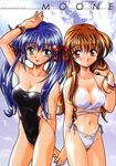  bikini blue_hair breasts brown_hair cleavage green_eyes highleg highleg_swimsuit highres large_breasts long_hair multiple_girls nagamori_mizuka nanase_rumi one red_eyes ribbon swimsuit twintails watsuki_ayamo 