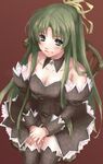 angel_mort artist_request blush breasts chair choker cleavage detached_sleeves frilled_sleeves frills from_above green_eyes green_hair hair_ribbon half_updo hands_together higurashi_no_naku_koro_ni long_hair long_sleeves medium_breasts own_hands_together red_background ribbon simple_background sitting smile solo sonozaki_shion source_request thighhighs waitress zettai_ryouiki 