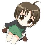  animal_yokochou brown_hair chibi from_above full_body ixy ku-chan loafers long_sleeves looking_at_viewer looking_up shoes simple_background sitting solo wariza white_background white_legwear 