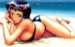  90s anklet artist_request beach bikini breasts cleavage cowboy_bebop day eyewear_on_head faye_valentine hand_on_own_face jewelry large_breasts light_smile looking_at_viewer lying o-ring o-ring_bikini ocean official_art on_stomach outdoors short_hair solo sunglasses swimsuit water 
