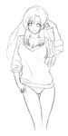  greyscale kazami_mizuho lace lace-trimmed_panties lineart monochrome no_pants onegai_teacher panties shima-shuu sleeves_pushed_up sleeves_rolled_up solo standing sweater thigh_gap underwear 
