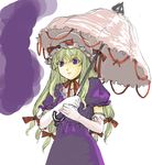  bangs blonde_hair choker closed_mouth colored_eyelashes dress elbow_gloves eyelashes frilled_sleeves frills gloves hair_between_eyes hair_ribbon hat hat_ribbon holding long_hair looking_away mob_cap parasol puffy_short_sleeves puffy_sleeves purple_dress purple_eyes red_choker red_ribbon ribbon ribbon_choker short_sleeves sidelocks simple_background smile solo standing tareme tetsu_(kimuchi) touhou tress_ribbon umbrella white_background white_gloves white_hat yakumo_yukari 