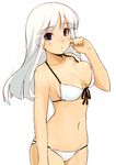  bikini blush breast_press breasts front-tie_bikini front-tie_top koutaro large_breasts long_hair looking_at_viewer lowres original simple_background solo standing swimsuit white_background white_bikini white_hair 