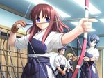  3girls archery archery_dojo arrow blue_eyes blue_hakama bow_(weapon) brown_hair game_cg gayarou gloves hakama japanese_clothes kyuudou long_hair miyashiro_karin multiple_girls muneate partly_fingerless_gloves ponytail red_hair single_glove suigetsu weapon yugake 