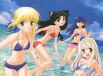  artoria_pendragon_(all) barefoot bikini blonde_hair day fate/stay_night fate_(series) flat_chest illyasviel_von_einzbern long_legs matou_sakura multiple_girls saber shirotsumekusa swimsuit toosaka_rin 