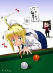  2girls ahoge artoria_pendragon_(all) ball billiards blonde_hair blouse cue_ball cue_stick fate/stay_night fate_(series) huge_ahoge inue_shinsuke long_sleeves lowres multiple_girls parody saber thighhighs toosaka_rin translated 