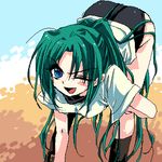  ;d bent_over blue_eyes buruma fujitaka_(akasora) green_hair gym_uniform higurashi_no_naku_koro_ni long_hair lowres one_eye_closed open_mouth ponytail smile solo sonozaki_mion 