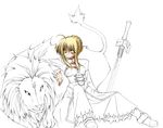  artoria_pendragon_(all) blonde_hair dress excalibur fate/stay_night fate_(series) lion long_sleeves monochrome pangea saber solo spot_color sword weapon work_in_progress 