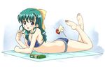  barefoot bikini blue_eyes blush bow feet flat_chest food green_hair hagiya_masakage hair_bow legs_up long_hair lying marie_(onegai_teacher) on_stomach onegai_twins onodera_karen pocky solo swimsuit towel 