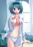  arm_support blue_eyes blue_panties blush breasts cleavage dress_shirt green_hair hairband kishi_nisen large_breasts long_sleeves midriff mouth_hold no_bra no_pants open_clothes open_shirt panties shirt short_hair solo standing thigh_gap to_heart_2 underwear yoshioka_chie 
