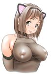  animal_ears breasts brown_hair cat_ears copyright_request covered_nipples elbow_gloves gloves large_breasts nipples no_bra orange_brand see-through short_hair solo 