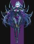  1girl absurdres armor bangs black_background blade blue_eyes drogod eyeliner finger_to_mouth greaves grey_hair hand_gesture highres irelia league_of_legends lipstick long_hair makeup nightblade_irelia pauldrons ponytail purple_background purple_eyeshadow purple_lips purple_lipstick scratches silver_hair simple_background smile solo standing torn_clothes turtleneck weapon 
