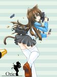  animal_ears ass backpack bag brown_hair cat_ears cat_tail egaowomisete green_eyes gun handgun locked_slide long_sleeves magazine_(weapon) miniskirt original reloading shell_casing skirt solo tail thighhighs weapon zettai_ryouiki 