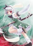  akiyoshi_yoshiaki black_hairband blush dress flat_chest flower frills ghost hairband hitodama konpaku_youmu konpaku_youmu_(ghost) leg_lift red_eyes short_hair silver_hair socks solo sword touhou weapon 