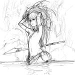  greyscale monochrome nipples original polearm pon_(tab_rasa) sketch solo spear topless tribal weapon 