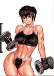  abs bangs biceps black_gloves breasts brown_eyes brown_hair covered_nipples daimon_akiko dual_wielding dumbbell exercise fingerless_gloves gloves groin headband highleg holding impossible_clothes large_breasts leaning lips lipstick looking_at_viewer makeup midriff muscle muscular_female navel official_art scan short_hair simple_background skin_tight smile solo spandex sports_bra standing sweat taisen_hot_gimmick taisen_hot_gimmick_4ever thighs traditional_media tsukasa_jun weights wide_hips 
