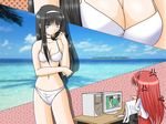  anger_vein artist_request bikini black_hair breasts cleavage computer day drawing_tablet dual_persona duplicate glasses hairband holding holding_eyewear long_hair medium_breasts monitor multiple_girls ocean polka_dot red_hair string_bikini sunglasses swimsuit toono_akiha tsukihime white_bikini white_hairband 