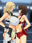  areolae asymmetrical_docking blonde_hair breast_contest breast_press breasts brown_hair dixie_clemets gigantic_breasts hands_on_hips hinomoto_reiko huge_breasts huge_nipples large_areolae lowres mimasaka_hideaki multiple_girls nipples rumble_roses 