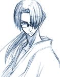  glaring glasses graphite_(medium) japanese_clothes jinnosuke looking_at_viewer luna_lia male_focus monochrome ponytail samurai_champloo sketch solo traditional_media 