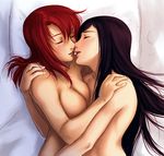  bed black_hair blush breasts closed_eyes couple hug jango-joe kiss kuga_natsuki large_breasts long_hair lowres multiple_girls my-hime nude pillow red_hair yuri yuuki_nao 