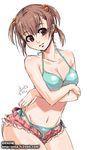  bikini breasts brown_eyes brown_hair cutoffs denim denim_shorts medium_breasts oekaki onija_tarou open_clothes open_fly open_shorts original short_hair short_shorts shorts side-tie_bikini solo striped striped_bikini swimsuit undressing unzipped watermark web_address 