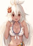  1girl :d ahoge bare_shoulders bikini blush breasts cleavage collarbone dark_skin flower front-tie_bikini front-tie_top granblue_fantasy hair_between_eyes hair_flower hair_ornament halter_top halterneck hibiscus highres koretsuki_azuma large_breasts long_hair looking_at_viewer navel open_mouth red_eyes red_flower simple_background smile solo swimsuit upper_teeth very_long_hair white_background white_bikini white_hair zooey_(granblue_fantasy) 