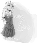  arms_behind_back copyright_name cowboy_shot cross_channel from_below grey_background greyscale long_hair macchagaria monochrome pleated_skirt school_uniform simple_background skirt smile solo standing yamanobe_miki 