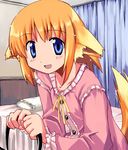  animal_ears apricot_(yamai) blue_eyes blush dog_ears dog_tail fox_ears long_sleeves orange_hair original pajamas red_hair solo tail yamai 