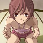  areolae barefoot blue_eyes breasts downblouse from_above halter_top halterneck hands haruyama_kazunori lipstick lowres makeup midriff no_bra pink_hair rahxephon shitou_megumi short_hair short_shorts shorts small_breasts smile solo squatting 