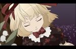  blonde_hair bow closed_eyes flower hair_bow letterboxed lily_of_the_valley lowres medicine_melancholy puffy_sleeves purple_background ribbon rozen_maiden sakura_(medilore) short_hair sleeping solo touhou 