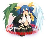  asymmetrical_wings black_legwear blue_hair boots bow breasts dizzy guilty_gear hair_ribbon long_hair long_sleeves medium_breasts midriff mizuki_kotora red_eyes ribbon solo tail tail_hug tail_ribbon thighhighs underboob wings 