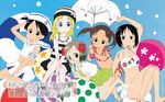  ana_coppola artist_request bikini glasses heart heart_print ichigo_mashimaro itou_chika itou_nobue matsuoka_miu multiple_girls parasol sakuragi_matsuri siblings side-tie_bikini sisters striped striped_bikini swimsuit tankini umbrella 