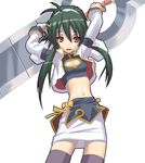  antenna_hair arms_up cleavage_cutout green_hair hairband long_hair long_sleeves midriff navel nilitsu pencil_skirt polaris_(shinrabanshou) red_eyes shinrabanshou shizuku_(shinrabanshou) skirt solo thighhighs zettai_ryouiki 