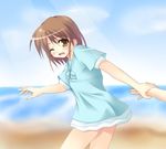  beach blue_dress blue_sky blurry blurry_background brown_eyes brown_hair day dress holding_hands kyon_no_imouto looking_at_viewer ocean one_eye_closed out_of_frame outdoors pov sand shore short_hair sky solo_focus suzumiya_haruhi_no_yuuutsu tekehiro water 