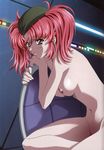  breasts garrison_cap gundam gundam_seed gundam_seed_destiny hat highres kawarajima_kou meyrin_hawke nipples nude purple_eyes red_hair solo twintails 