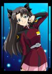  arm_up artist_request belt blush brown_hair cowboy_shot dress fate/stay_night fate_(series) green_eyes gundam gundam_seed head_tilt long_sleeves looking_at_viewer parody red_dress smile solo standing stretch toosaka_rin two_side_up uniform 