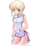  artoria_pendragon_(all) blonde_hair china_dress chinese_clothes cowboy_shot dress fate/stay_night fate_(series) gloves green_eyes looking_at_viewer namonashi saber short_dress simple_background solo white_background white_gloves 