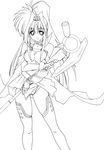  45acp bardiche bodysuit cape cosplay facial_mark fate_testarossa fate_testarossa_(cosplay) fingerless_gloves forehead_mark gloves greyscale high_ponytail lindy_harlaown lyrical_nanoha mahou_shoujo_lyrical_nanoha monochrome solo thighhighs 