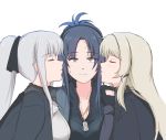  3girls ak-12_(girls_frontline) an-94_(girls_frontline) angelina_(girls_frontline) blue_hair closed_mouth eyebrows_visible_through_hair eyes_closed girls_frontline gloves grey_hair headband incoming_kiss multiple_girls selby silver_hair sweatdrop yuri 