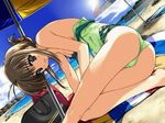  antenna_hair ass beach beach_umbrella breasts brown_eyes brown_hair casual_one-piece_swimsuit cleavage comic_party day dutch_angle game_cg jpeg_artifacts makimura_minami no_eyewear ocean one-piece_swimsuit outdoors reclining small_breasts smile solo strap_slip swimsuit umbrella undressing water wet 