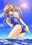  alice+ beach bracelet brown_hair day from_behind game_cg jewelry lens_flare long_hair one-piece_swimsuit outdoors school_swimsuit solo swimsuit water 