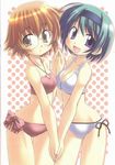  :d :o artist_request bare_shoulders bikini blue_bikini blue_eyes breasts brown_eyes brown_hair cleavage collarbone glasses hairband hands_together looking_at_viewer multiple_girls navel open_mouth parted_lips short_hair side-tie_bikini simple_background small_breasts smile standing swimsuit to_heart_2 yamada_michiru yoshioka_chie 