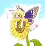  antennae blonde_hair bug butterfly fairy flower insect mary_janes minigirl on_flower shimon shimotsuma shoes solo sunflower thighhighs wings yuuichi_(tareme_paradise) 