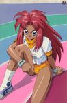  90s artist_request battle_athletes gym_uniform red_hair ribbon_bangs solo tanya_natdhipytadd track track_and_field 