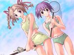  artist_request bikini blue_eyes braid brown_hair fishing fishing_net fishing_rod holding holding_fishing_rod multiple_girls purple_hair shigaraki_miako swimsuit tanaka_saeko tankini twin_braids wallpaper with_you 