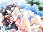  ass ass_grab azuma_ayami black_hair blue_eyes blue_hair blush breasts dress fujiwara_warawara girl_on_top grabbing_another's_ass groping long_hair lying medium_breasts multiple_girls natsu_shoujo nipples panties panty_pull ribbon see-through short_hair small_breasts underwear wallpaper water wet yuri yuuki_miyako 