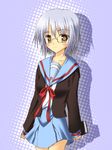  bangs blue_sailor_collar cardigan glasses kita_high_school_uniform long_sleeves nagato_yuki sailor_collar school_uniform serafuku short_hair solo suzumiya_haruhi_no_yuuutsu yoshiharu 